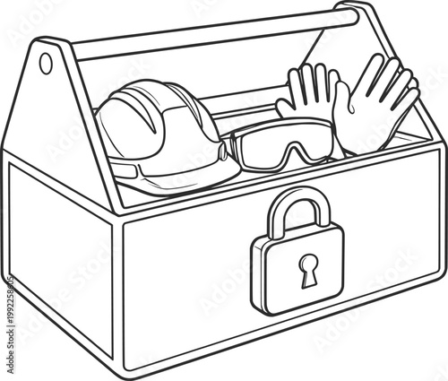 Locked Toolbox with Safety Gear Line Art Security Storage Illustration.