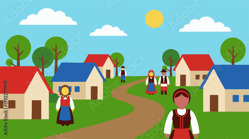Traditional folk village scene with people in costumes, flat design illustration