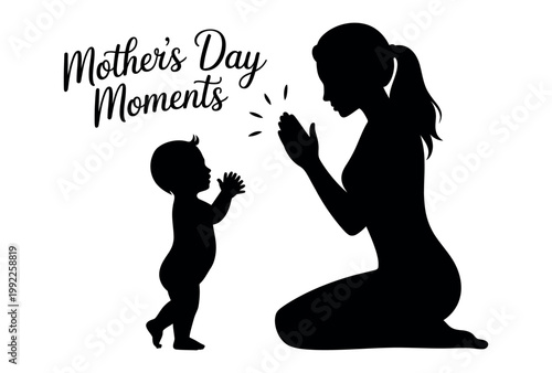 Mother's Day Moments silhouette vector, mother and baby clapping hands, black and white maternal bond illustration, family love and parenting concept