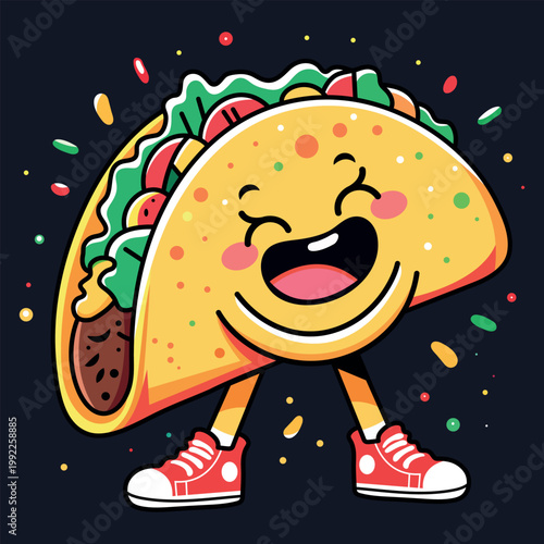 Happy Cartoon Taco Character with Sneakers and Confetti.