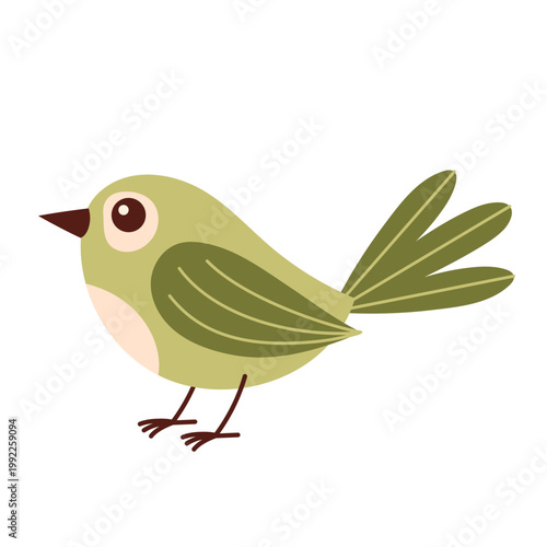 Cute green cartoon bird character. Cheerful colorful songbird isolated on white background. Playful animal illustration for kids design, nursery decor, stickers and prints. Flat vector. Hand drawn.