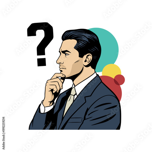 Thoughtful Businessman in Suit Holding Chin with Question Mark