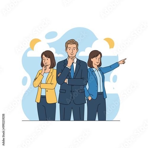 Three Diverse Business People Thinking with Blue Speech Bubbles