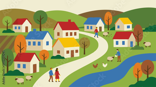 Illustration of a vibrant rural village with houses, people, and farm animals