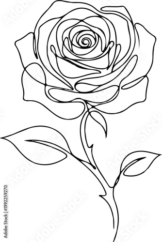 Vector isolated one single rose flower on a stem with leaves colorless black and white contour line easy drawing