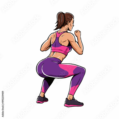 Athletic woman in pink and purple sportswear performing deep squats workout seen from back view showcasing muscular glutes and legs in gym setting. Modern comic book inspired vector graphic art.