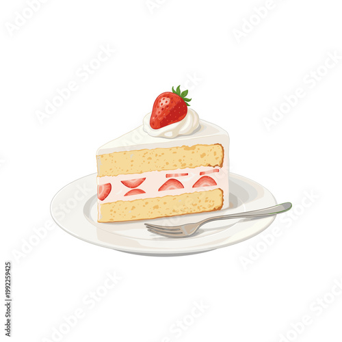 Slice of Layered Strawberry Shortcake with Whipped Cream Topping
