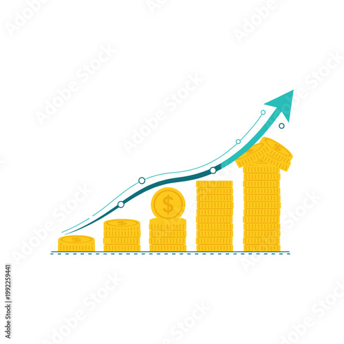 Increasing stacks of gold coins with dollar sign growth
