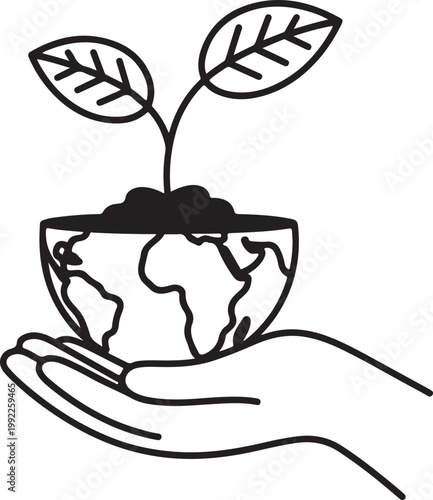 Hand holding plant seedling icon set, growth and environmental care concept.