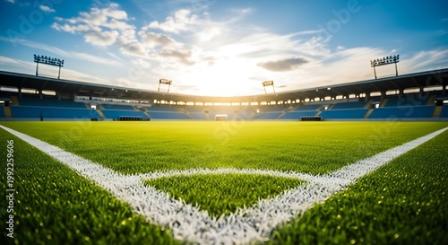Corner of a soccer field in a stadium during a sunny day with bright stadium lights white lines sports facility