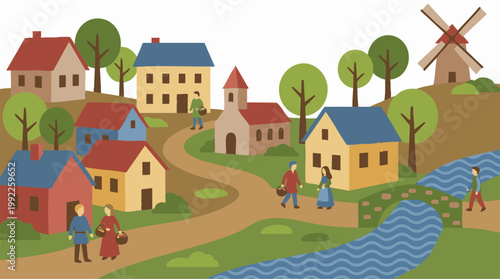 Flat design illustration of a vibrant European village scene
