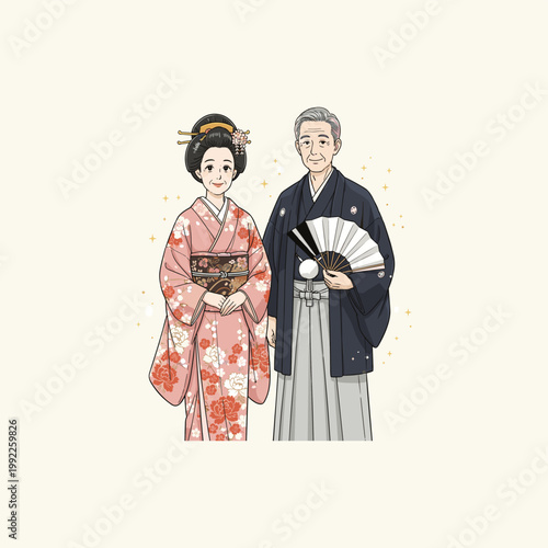 Senior Japanese Couple in Traditional Kimono and Hakama Holding Fan