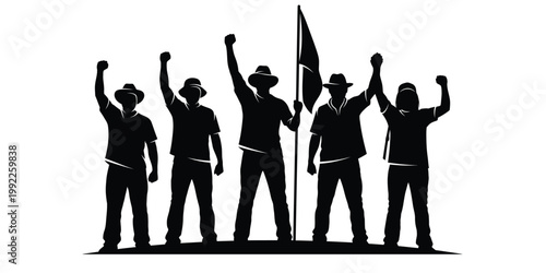 Silhouette of a group raising fists in solidarity and protest