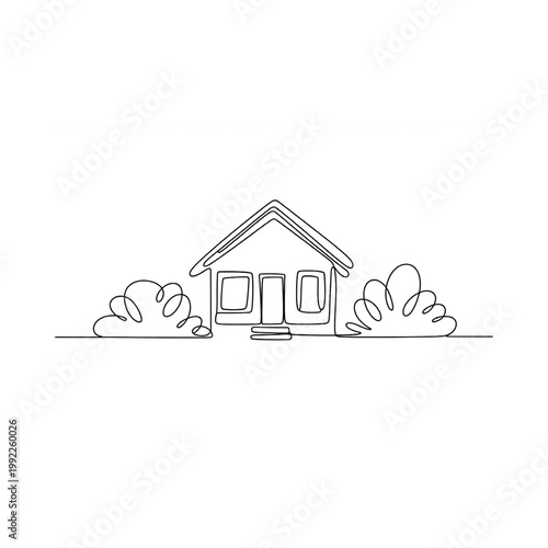 Minimalist one line drawing of a simple house with surrounding shrubbery