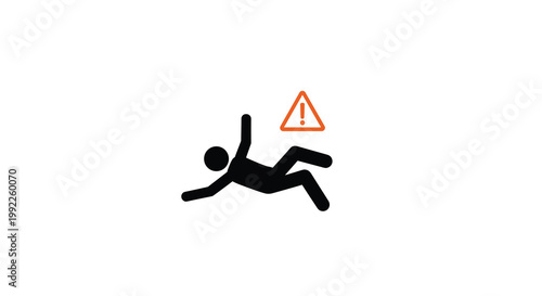 A minimalist black stick figure experiences a sudden slip and fall accident beside a vibrant orange caution sign on a pristine white background.