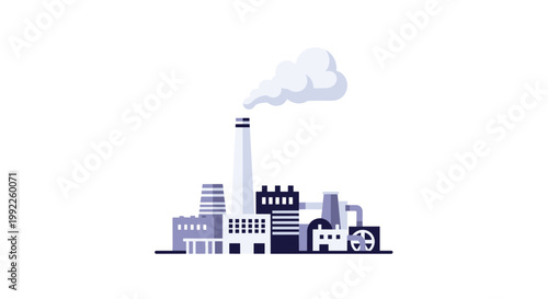 A modern industrial factory complex with multiple buildings and a tall chimney releases a voluminous white smoke cloud into a clean white atmosphere.