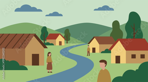 Minimalist illustration of a village with houses, hills, trees, and people