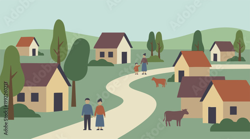 Stylized illustration of a tranquil rural village with homes and families