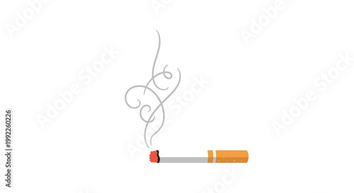 A lit cigarette with a brown filter and white body emits a stylized swirl of grey smoke from its tip against a white background.