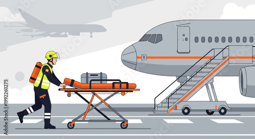 Paramedic transports patient on stretcher from airplane at airport tarmac