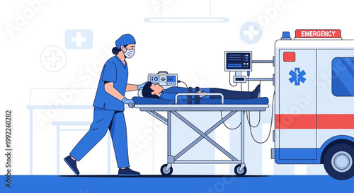 Paramedic transports patient on stretcher from ambulance to hospital emergency room