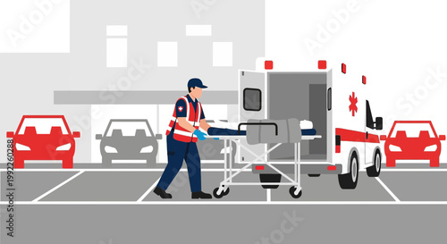 Paramedic transports patient on stretcher from ambulance to hospital entrance, emergency medical services.