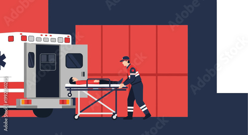 Paramedic transports patient on stretcher from ambulance to hospital entrance