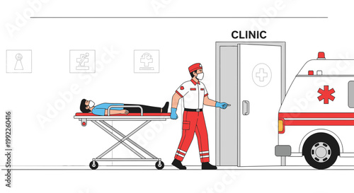 Paramedic transports patient on stretcher to clinic entrance next to ambulance