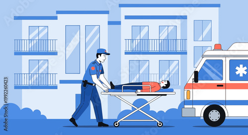 Paramedic transports patient on stretcher to ambulance outside hospital building