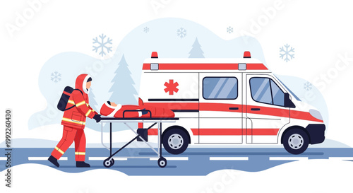 Paramedic transports patient on stretcher to ambulance in snowy winter scene