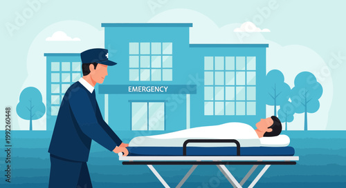 Paramedic Transports Patient on Stretcher to Hospital Emergency Entrance