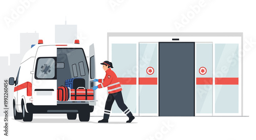 Paramedic Unloading Medical Gear from Ambulance for Hospital Entrance