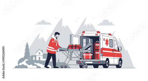 Paramedic Unloading Stretcher from Ambulance in Mountainous Area