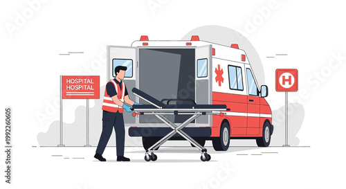 Paramedic Unloads Stretcher from Ambulance Outside Hospital Entrance