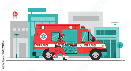 Paramedic Unloads Stretcher from Ambulance Outside Modern Hospital Building