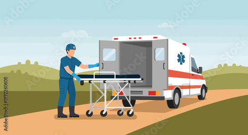 Paramedic Unloads Stretcher from Ambulance on Rural Road