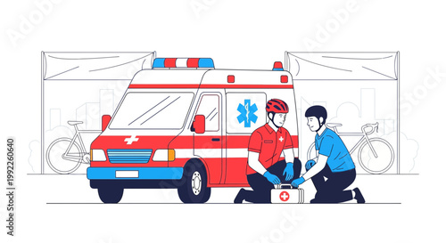 Paramedic Rescues Cyclist Near Ambulance, First Aid Kit Open, Outdoor Event