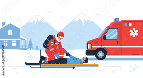 Paramedic Rescues Injured Skier in Snowy Mountain Village with Ambulance