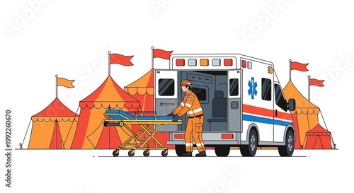 Paramedic with Ambulance and Stretcher at a Circus Tent Event, Emergency Medical Services