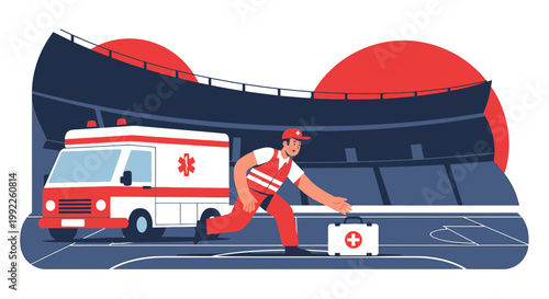 Paramedic rushes with first aid kit to ambulance at stadium during emergency