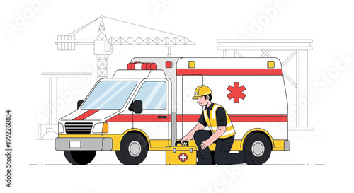 Paramedic with First Aid Kit by Ambulance at Construction Site