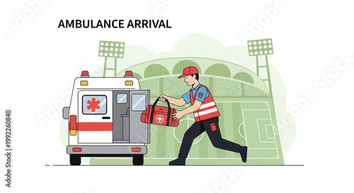 Paramedic rushes with medical bag from ambulance to stadium for emergency response