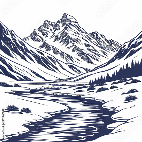 Photos A serene winter landscape illustration featuring a snow-capped mountain range an