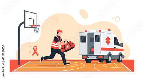Paramedic rushes with medical bag to ambulance on basketball court, emergency response concept