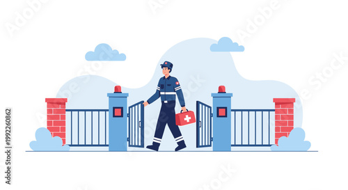 Paramedic with First Aid Kit Enters Gated Entrance, Emergency Medical Services Concept