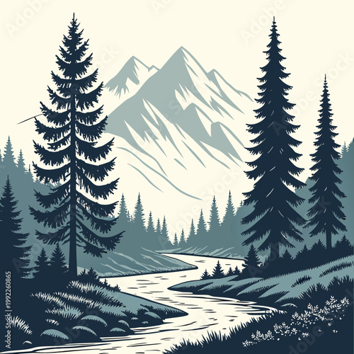 A serene landscape illustration of a winding river flowing through a forest with mountains in the background