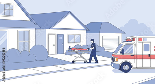 Paramedic transports patient from house to ambulance for emergency medical care