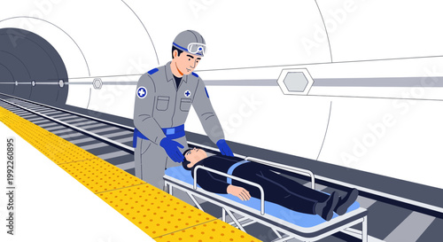 Paramedic transports patient on gurney in subway tunnel, emergency medical services