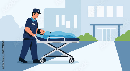 Paramedic transports patient on gurney into hospital entrance, emergency medical services concept