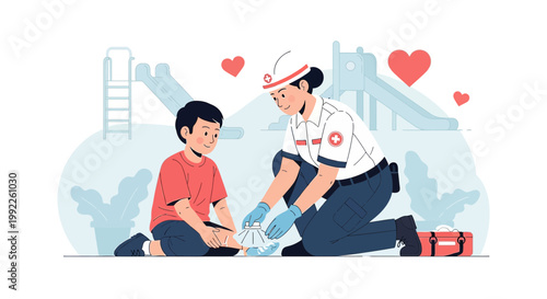 Paramedic Tends to Injured Child on Playground, First Aid Kit Nearby